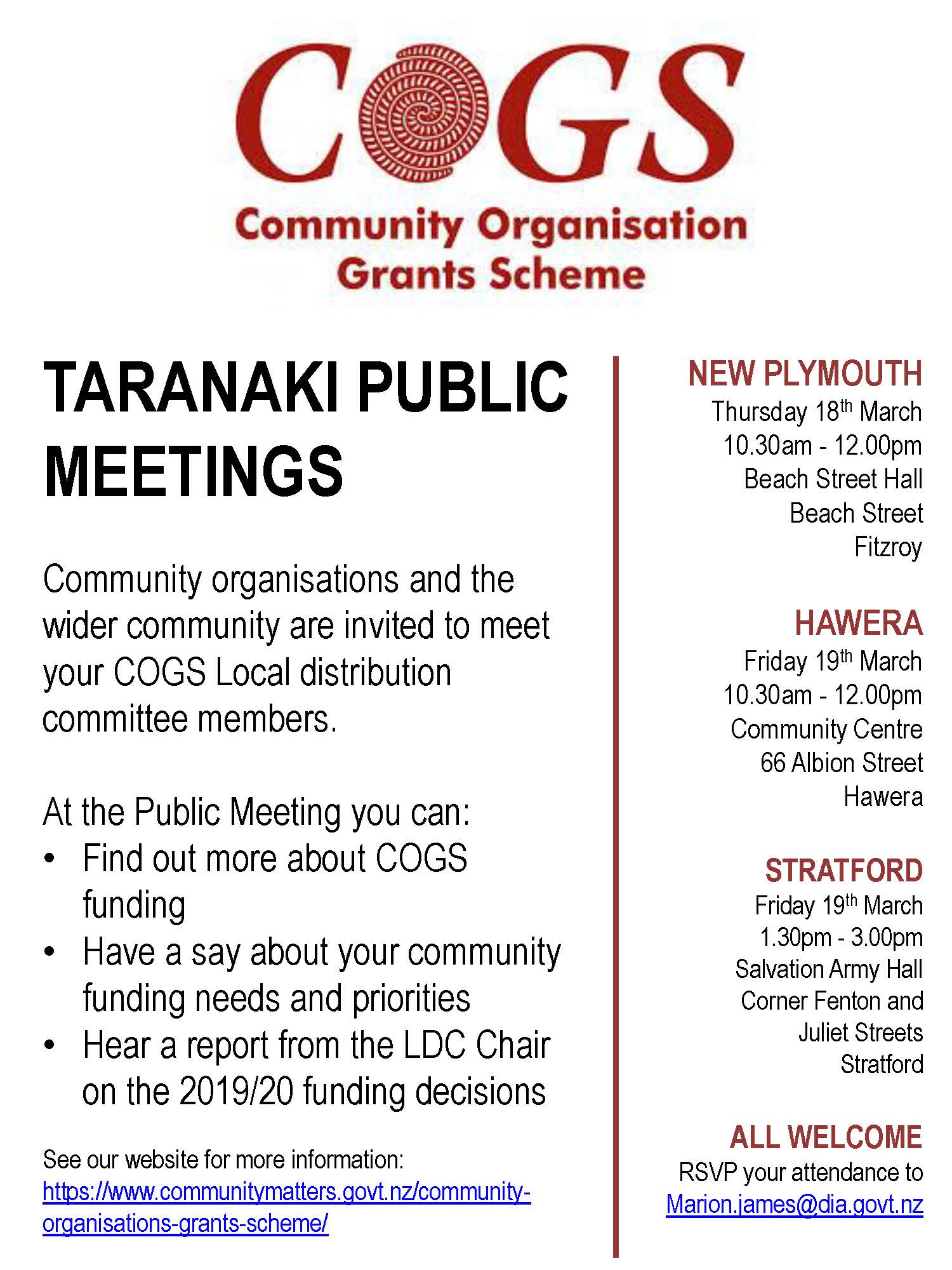 Poster highlighting the Taranaki Public Meetings for the Community Organisation Grants Scheme