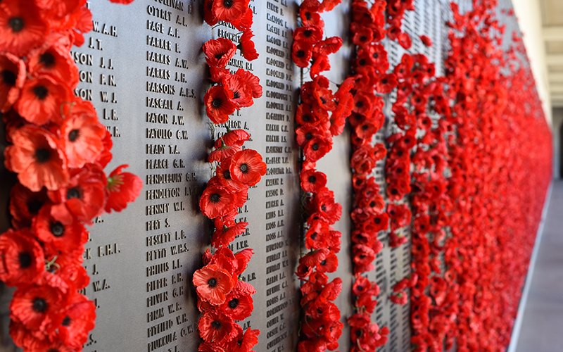 Picture of ANZAC poppies adorning a war memorial