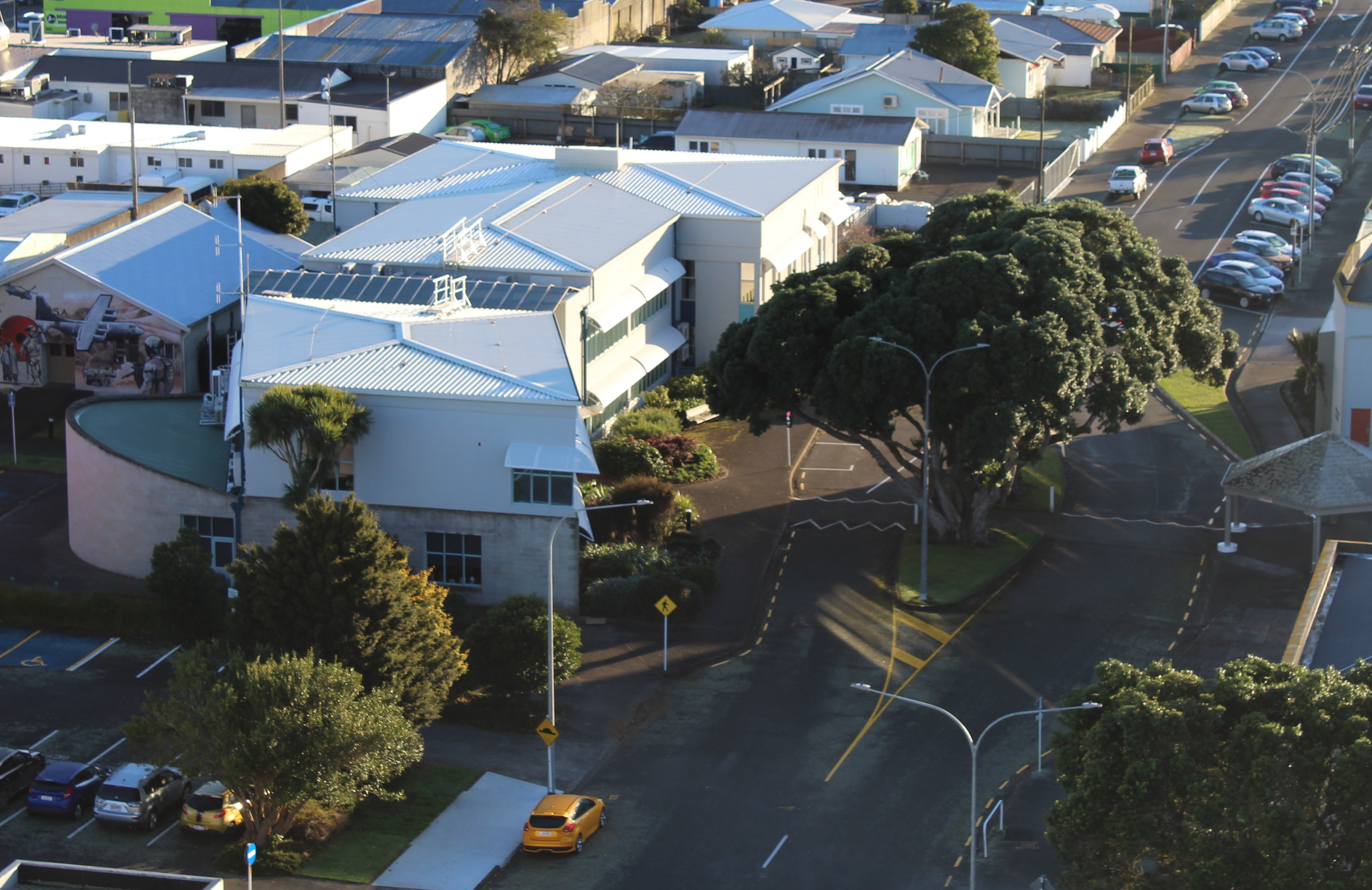 Aerial view of the South Taranaki District Council administration building on Albion Street, Hawera. 