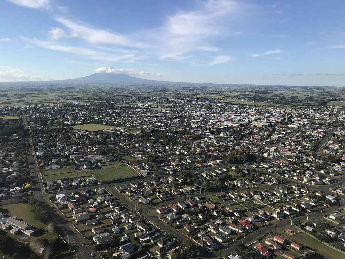 Hawera from above, with Mount Taranaki in the bacground.