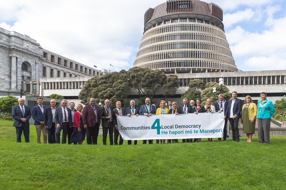 Some of the Mayors and CEs representing the 32 member councils of Communities 4 Local Democracy He hapori mō te Manapori (C4LD) during their recent visit to Parliament to present politicians with their plan for three waters reform.